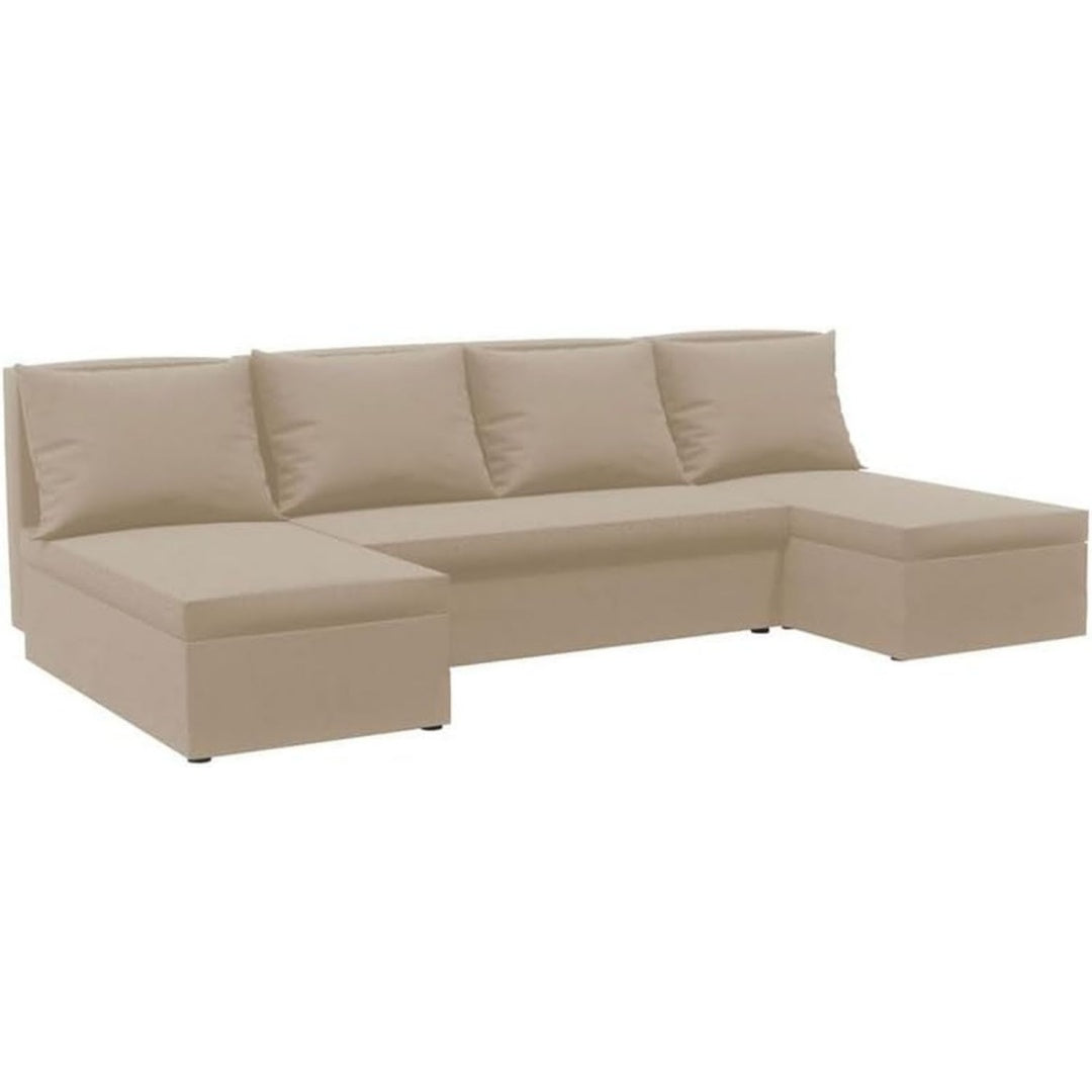Eine ausziehbare Konstruktion und eine Schlaffunktion an dem Sofa