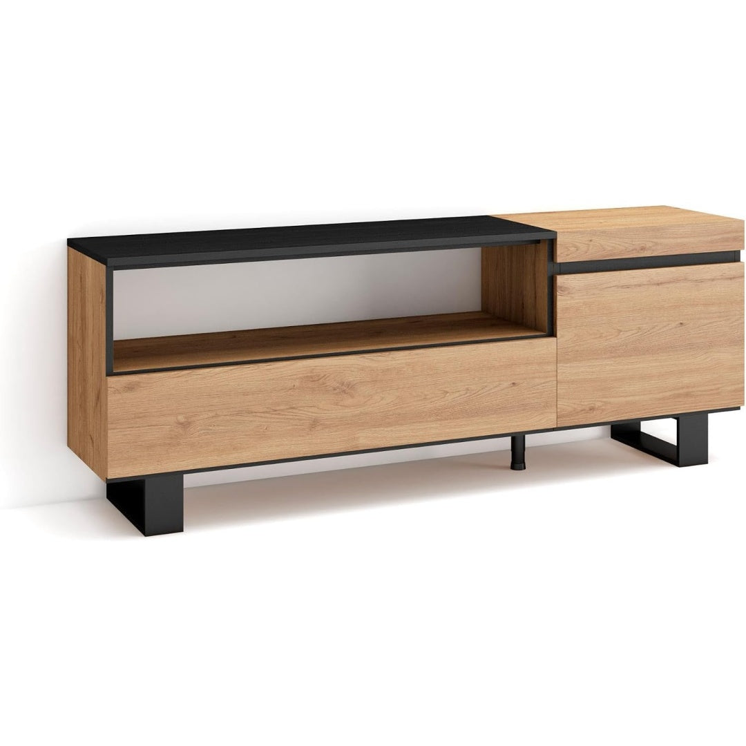 Ein Metallgestell und Holzoptik an dem Medienboard
