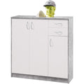 Weiss und Betongrau bestimmt die Farbgebung von dem Sideboard