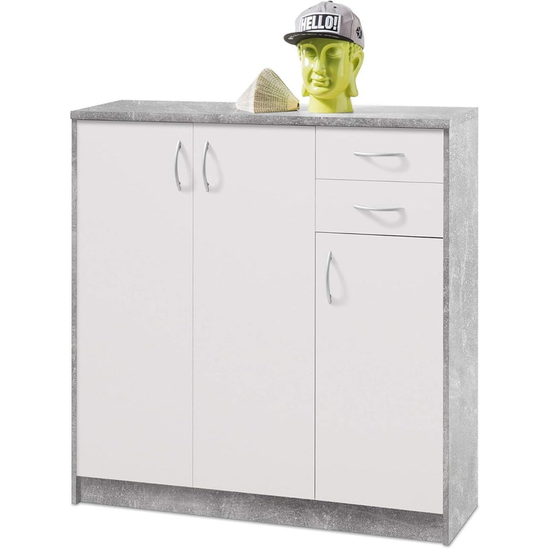 Weiss und Betongrau bestimmt die Farbgebung von dem Sideboard