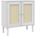 Die Gestaltung von dem Sideboard wird durch Rattan und Kiefernholz gepraegt